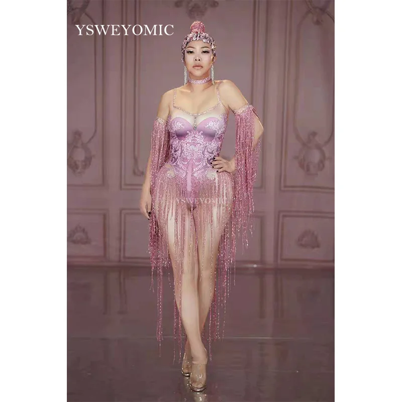2019 розовый длинный купальник с кисточками женский диджейский сценический певец