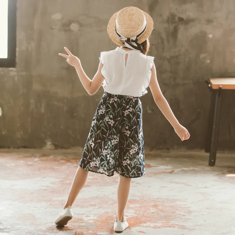 Новый летний комплект одежды для девочек модный топ + шифоновые штаны 2 предмета