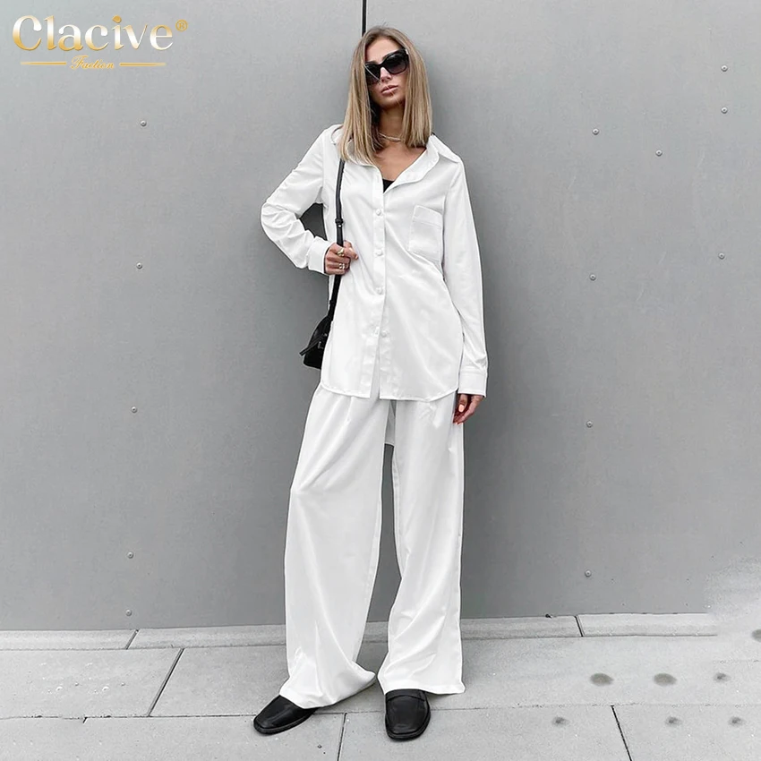 

Clacive Long Sleeve White Satin 2 Piece Trousers Set Women Autumn Oversized Suits Asymmetric Lapel Shirts And Loose Pants Sets