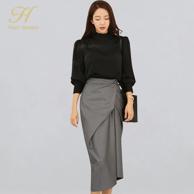 H Han Queen Women's Winter Korean Style 2 Pieces Set Solid Color Loose Sweatshirt& Itrregular Midi Long Bodycon Skirts OL Suits