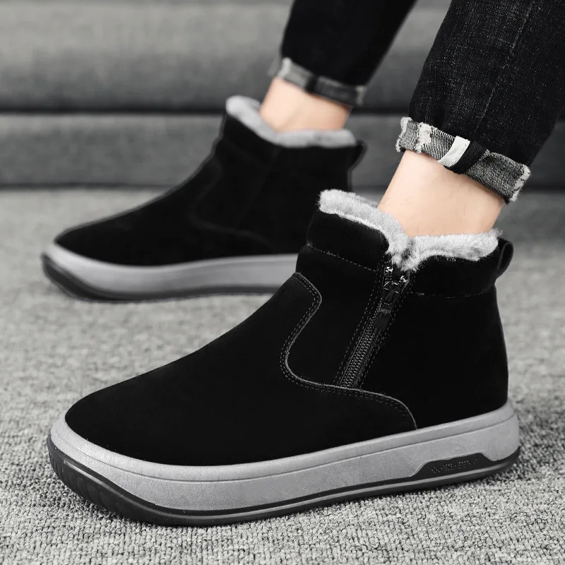 

Зимние Теплые повседневные мужские ботинки с меховой вставкой, черные и круглые удобные зимние ботинки, модная нескользящая обувь на платф...