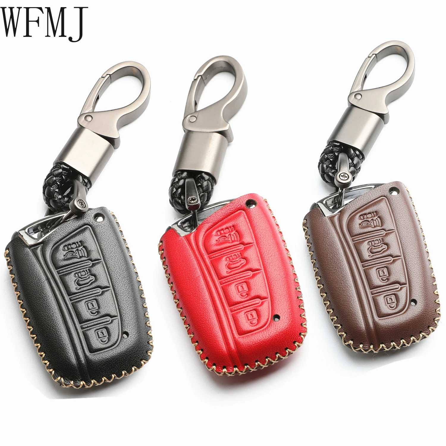 

WFMJ Leather for 2018 2017 2016 2015 2014 2013 Hyundai Santa Fe XL Genesis Azera Equus Smart 4 Buttons Key Case Cover Fob Chain
