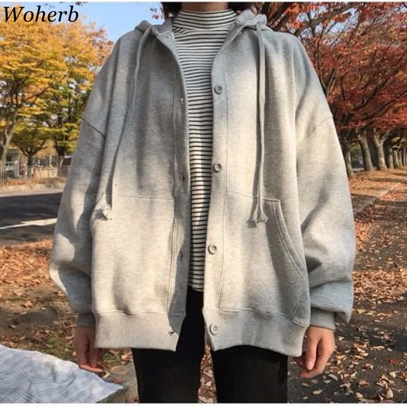 Woherb/Винтажные модные толстовки женские однотонные толстовки с длинным рукавом Толстовка с капюшоном свободный однобортный Топ уличная одежда 90975