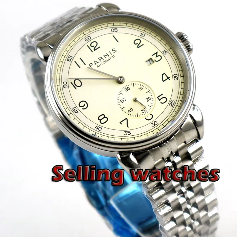 42 мм PARNIS бежевый циферблат индикатор Даты ремешок из нержавеющей стали