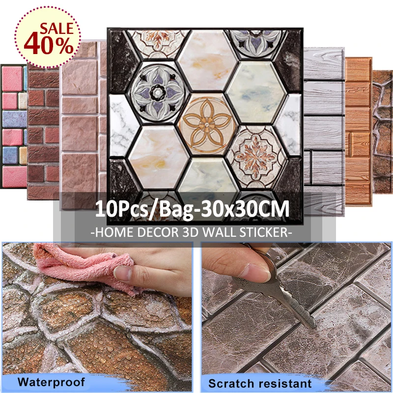 

10PCS 3D Marble Brick Wall Stickers Oil-proof DIY Self-Adhesive Decor Background For Kids Room Living Room Wallpaper Sticker