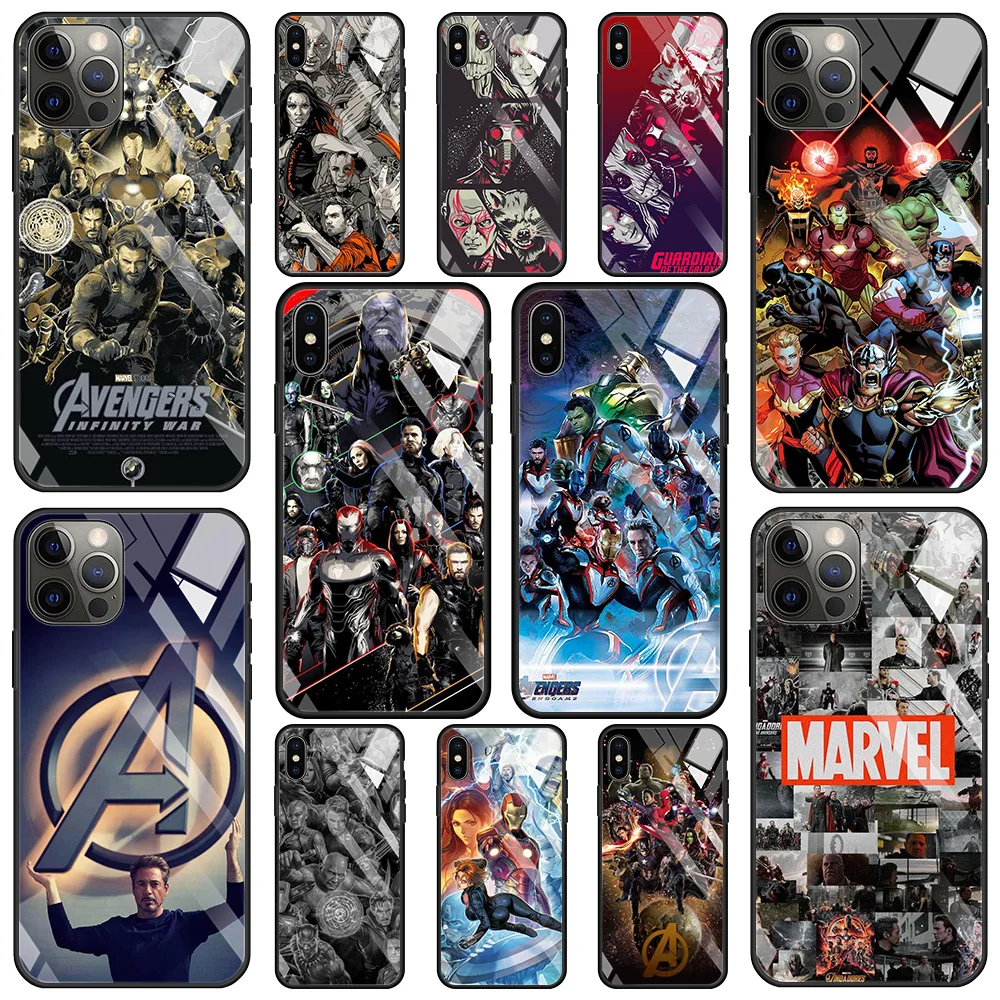 

Tempered Glass Phone Case For iPhone 13 11 12 Pro Max 13 12 Mini 7 8 6 6S Plus XS XR X Fundas Marvel The Avengers Poster