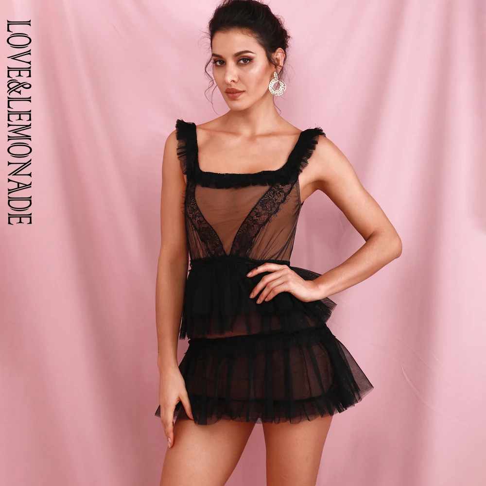 Женское вечернее мини платье LOVE & LEMONADE черное Сетчатое с оборками и кружевной