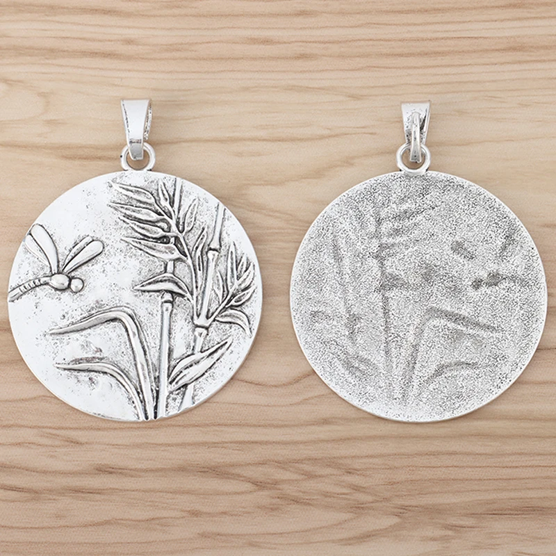 

5 Pieces Large Dragonfly Reed Round Tibetan Silver Charms Pendants for Necklace Jewellery Making Findings 60x60mm