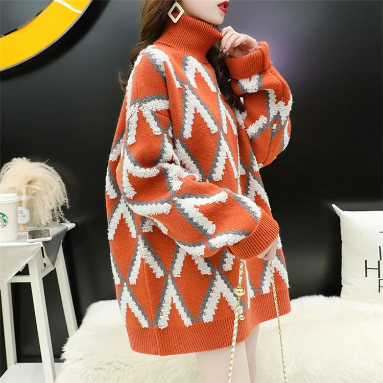 

Turtleneck Sweater Women Loose Pullovers Autumn and Winter 2020 New Fashion Argyle Korean Style Outer Knited Coat Thick