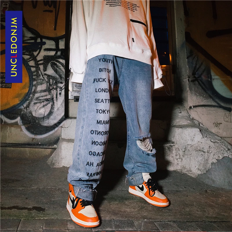 UNCLEDONJM рваные джинсы для мужчин с буквенным принтом джинсовые штаны стрейчевые