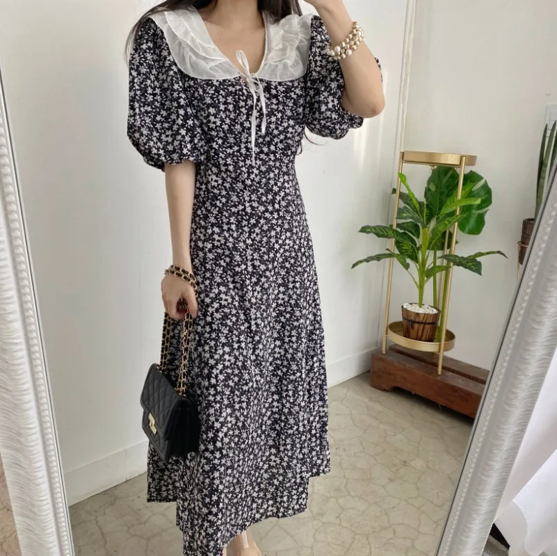 

Fashion New Arrival Floral Printted Long Dress Women 2021Summer Peter Pan Collar Pleated Puff Sleeves Slim A Line Casual Dresses