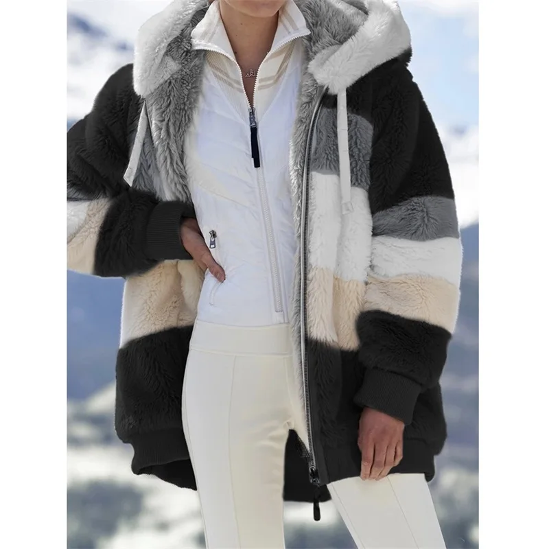 

S-5XL Winter Coat Jacket Hooded Warm Plush Loose Jacket For Women Patchwork Winter Outwear Faux Fur Zipper Ladies Parka Coats