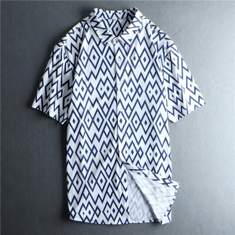 

Мужская рубашка с коротким рукавом, свободная хлопковая рубашка в клетку с бриллиантами, приталенная рубашка с отворотом, мужская хлопкова...