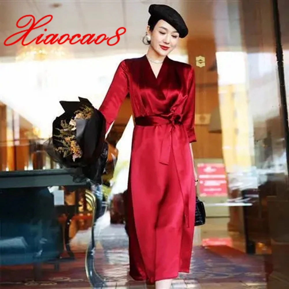 

Женское атласное платье с поясом, однотонное платье до середины икры с V-образным вырезом и коротким рукавом, одежда больших размеров, лето ...