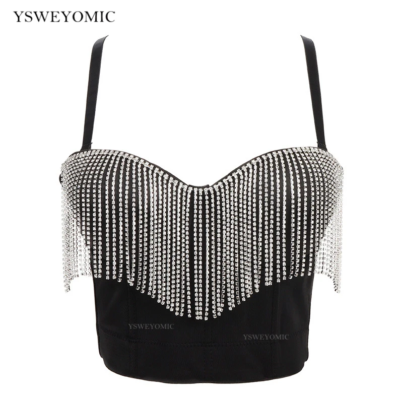 

2021 New Women Crystal Camisole Tassels Chain Fashion Sexy Solid Color Cropped Top Bustier Bra Night Club Party Tank Top