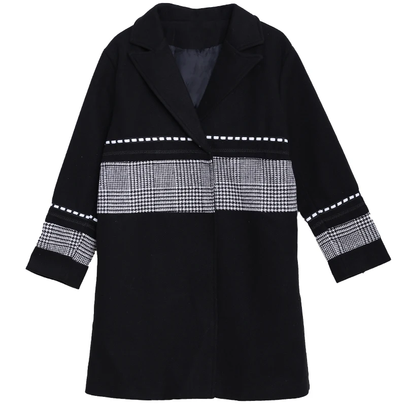 Oversized Women's Black Woolen Coat Women's  Korean Style Autumn Winter Suit Collar Woolen Cloth Casual Houndstooth Spliced