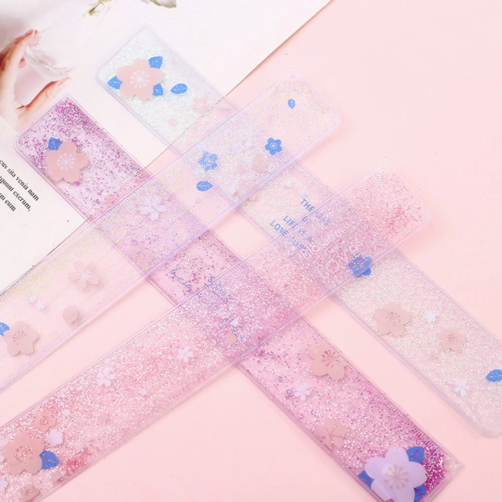 1 шт. Kawaii Quicksand вишневый цвет линейка Сакура прозрачный блеск Масло Канцтовары