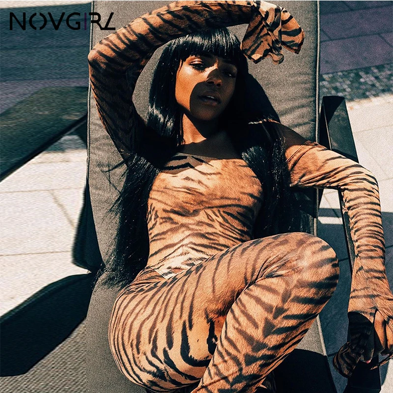 Novgirl/сексуальный сетчатый комбинезон с открытыми плечами и принтом Тигра для