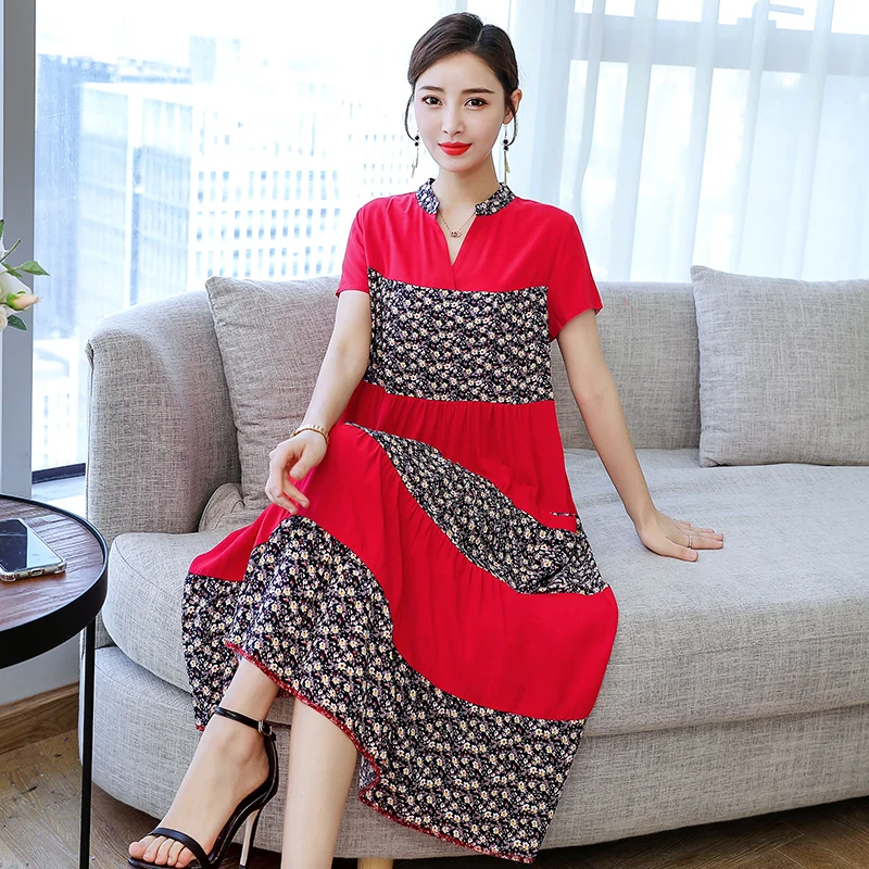 Платье женское с коротким рукавом повседневное свободное принтом V-образным