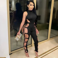sexy jumpsuit clubwear hollow out strappy bare back zipper gothic jumpsuit women bodycon sexy tight pencil jumpsuit solid color
