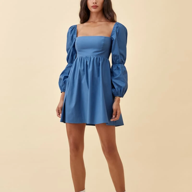 

Summer Women's Casual Solid Color Square Neck Long Sleeve Slim Dress