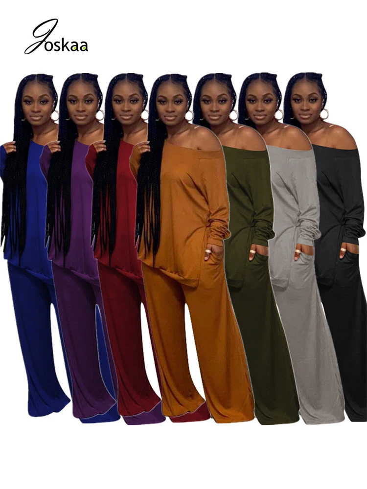 

Joskaa Women Solid One Shoulder Full Sleeve Loose Shirts Wide Leg Pants 2 Piece Sets Autumn Winter Female Street Casual Outfits