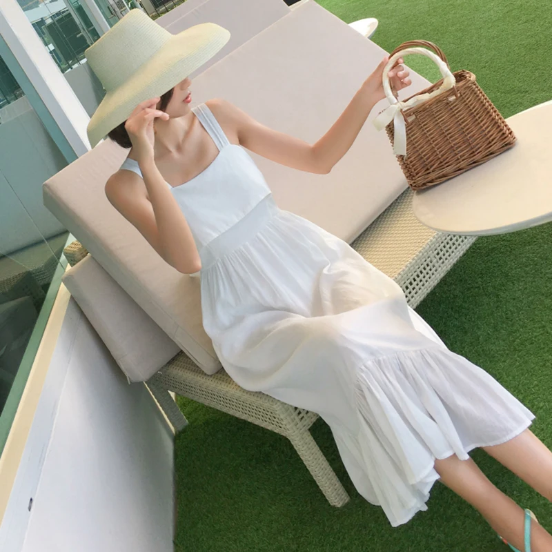 

Midi Elegant Casual Party Vacation Beach Long Slip Dress Korean Runway Vestidos Summer 2021 Women White Backless Straps Sundress