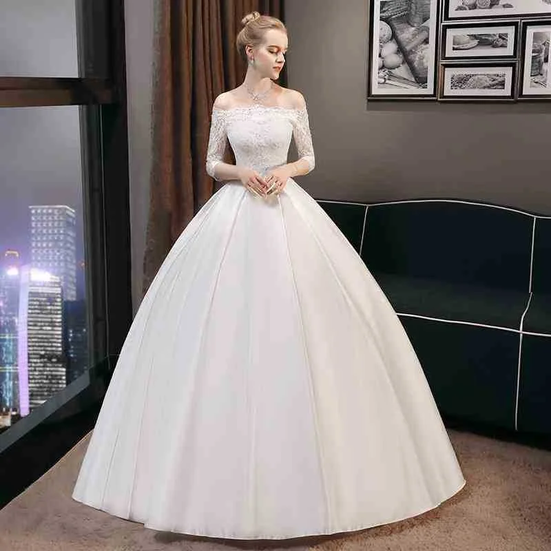 

Ball Gown Wedding Dresses Three Quarter Sleeves Illusion Back Beading Waist Court Train Bridal Dress With Back Buttons