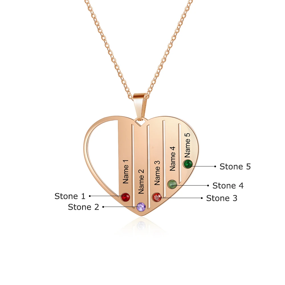 Rose Gold Color Персонализированное ожерелье в форме сердца с 5 камнями по месяцу рождения, заказное ожерелье с гравировкой имени матери и ребенка, семейный подарок(JewelOra NE103267 - Окраска металла: Rose Gold Color