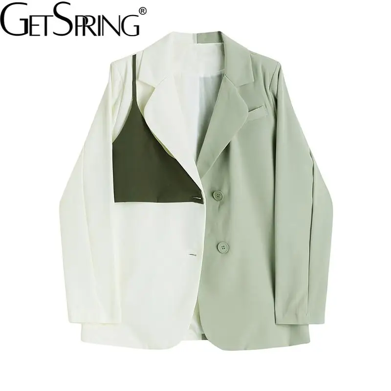 

Getspring Women Blazer Color Matching Patchwork Fake Two Blazers And Jackets Irregular Vintage Fashion Elegant Women's Suits