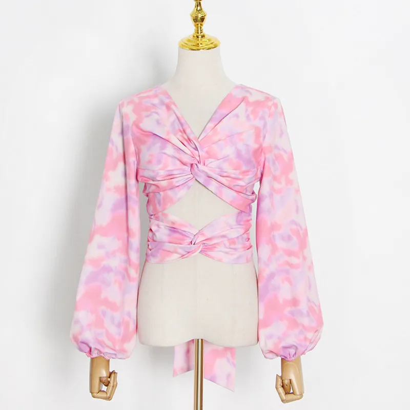 

Sexy Backless Woman Blouses Summer V Neck Lantern Sleeve Lace Up Short Women Blouses Dyeing Print Hollow Out Colorful Tops 2021