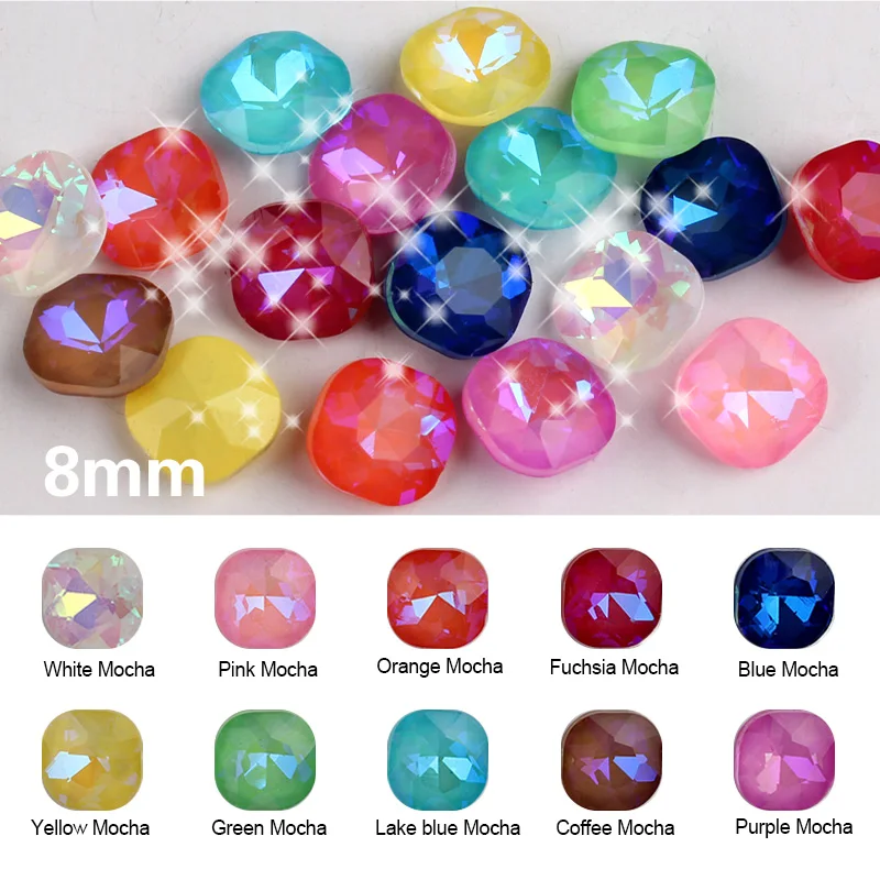 

Hot sale Glass crystal 8mm Mocha colors mix color square octagon shape Glue on rhinestone beads handicraft diy trim