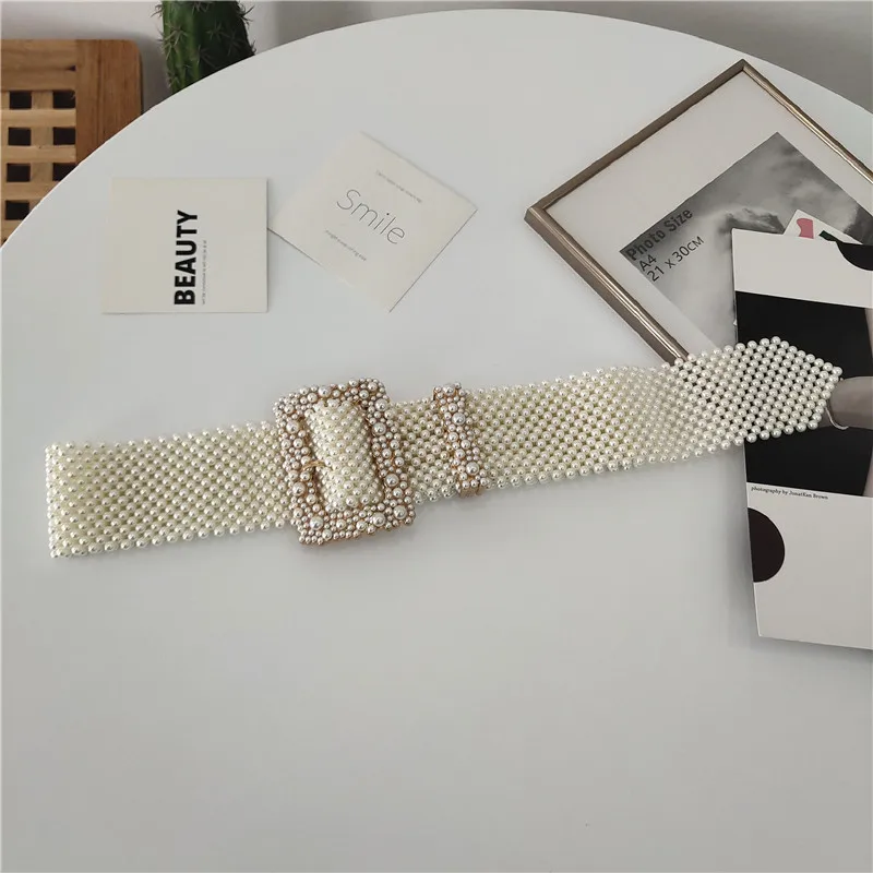 Cinturón decorativo de lujo para mujer, cinturón ancho con hebilla de Pin de perla completa, a la moda, para vestido y decoración