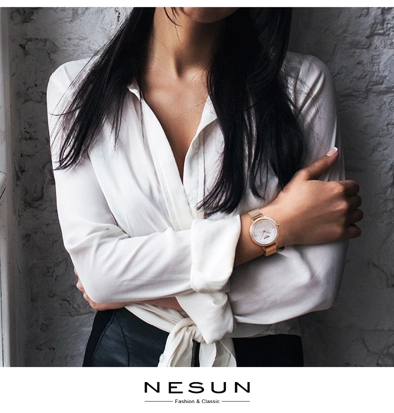 Новинка, женские часы Nesun, люксовый бренд, Япония, кварцевый механизм, жемчуг, Relogio Feminino, часы с бриллиантами, ультра-тонкий, полностью стальной N8809-4