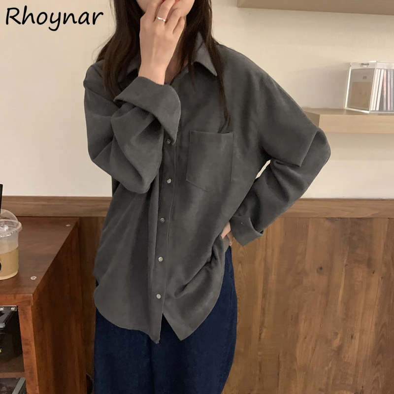 

Corduroy Shirts Women Vintage Retros Fashion Design All-match Loose Simple Solid Casual Elegant Office Lady Comfortable Lapel