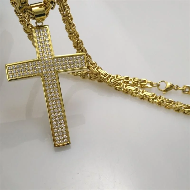 

Mens Stainless Steel Cubic Zirconia Micro Pave Cross Pendant Necklace Gold 22 24 26 28 30inch(5mm chain width)