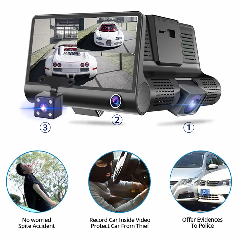 4&quot 3 Lens Car Dvr Cameras Dual With Rearview Camera Video Recorder Auto Registrator Dvrs 170 Degree Wide Angle Dash | Автомобили и