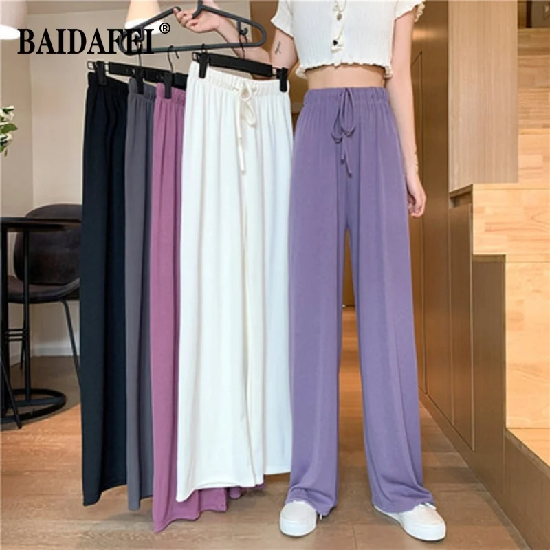 

Женские летние тонкие свободные мягкие повседневные брюки из ледяного шелка с высокой талией, классические женские брюки для бега в студен...