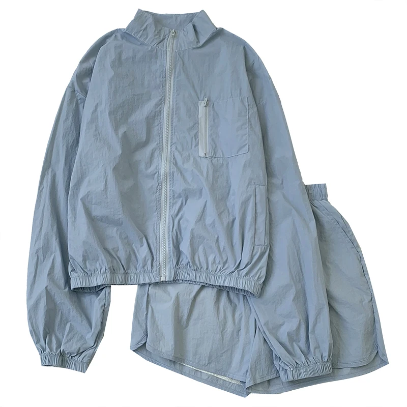 

Zipper Loose Sunscreen Long Sleeve Coat + Elastic High Waist Comfortable Shorts Green Blue Women Two Piece Set For Summer