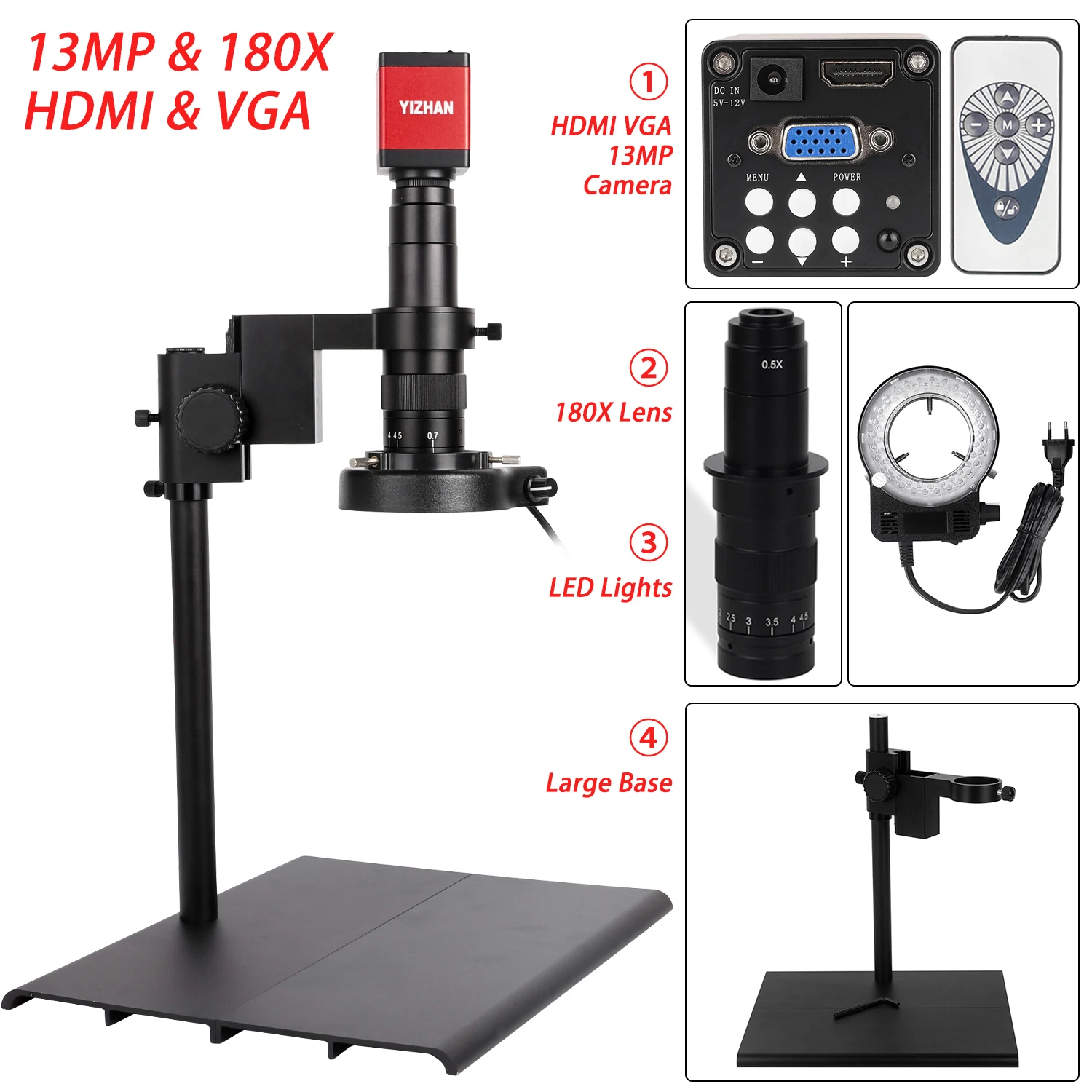 

180X Digital Microscope 1080P HD HDMI VGA Camera 13MP Electronic Video Microscope For Smartphone PCB Inspection Tools YIZHAN