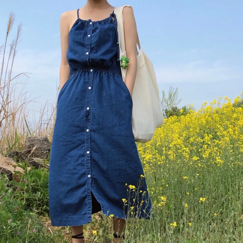 Повседневное корейское летнее платье женское джинсовое на бретельках