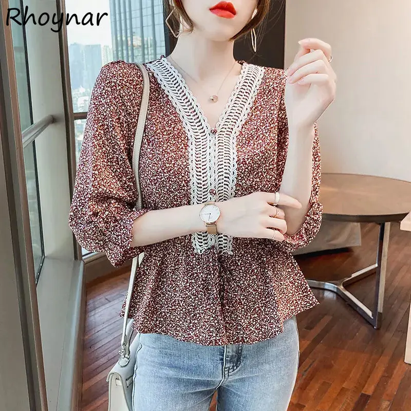 

Blouses Women Floral V-neck French Style Design New Arrival Clothing Tops Aesthetic Female Lantern Sleeve Summer Loose Elegant