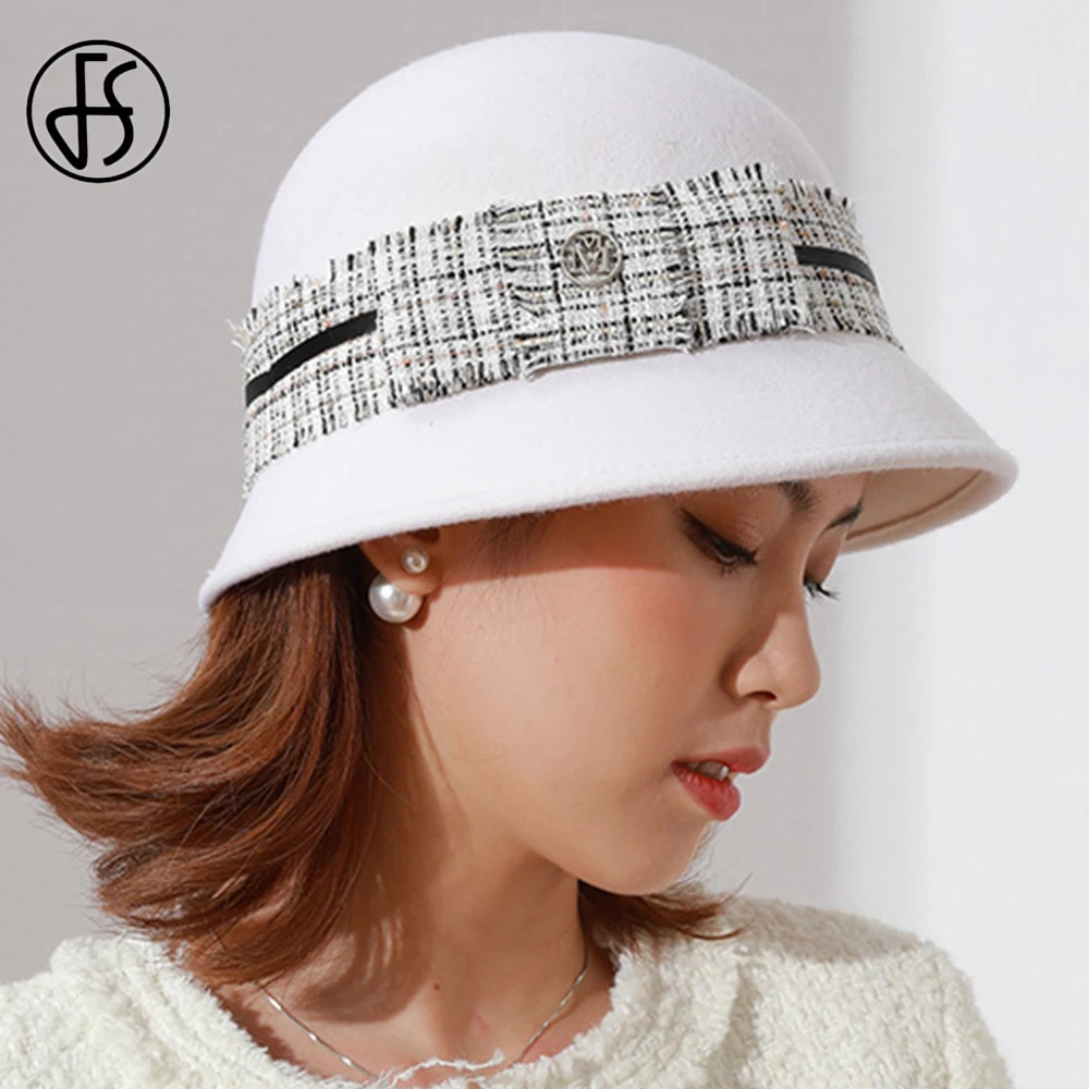 

FS White Wool Felt Dome Top Basin Fedora Hats Women Winter Church Cloche Derby Hat Fedoras Bowler Cap Curling With Bow Ribbon