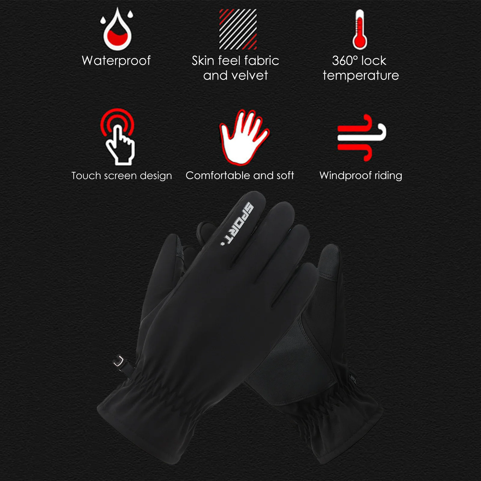 

Winter Warm Gloves Touch Screen Outdoor Cycling Mittens plus velvet inside water-repellent adjust the elasticity touch screen