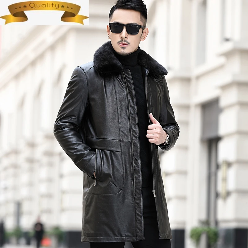 

Мужская куртка из натуральной кожи, куртка из коровьей кожи с воротником из натурального меха норки, зимнее пальто на утином пуху, мужская к...