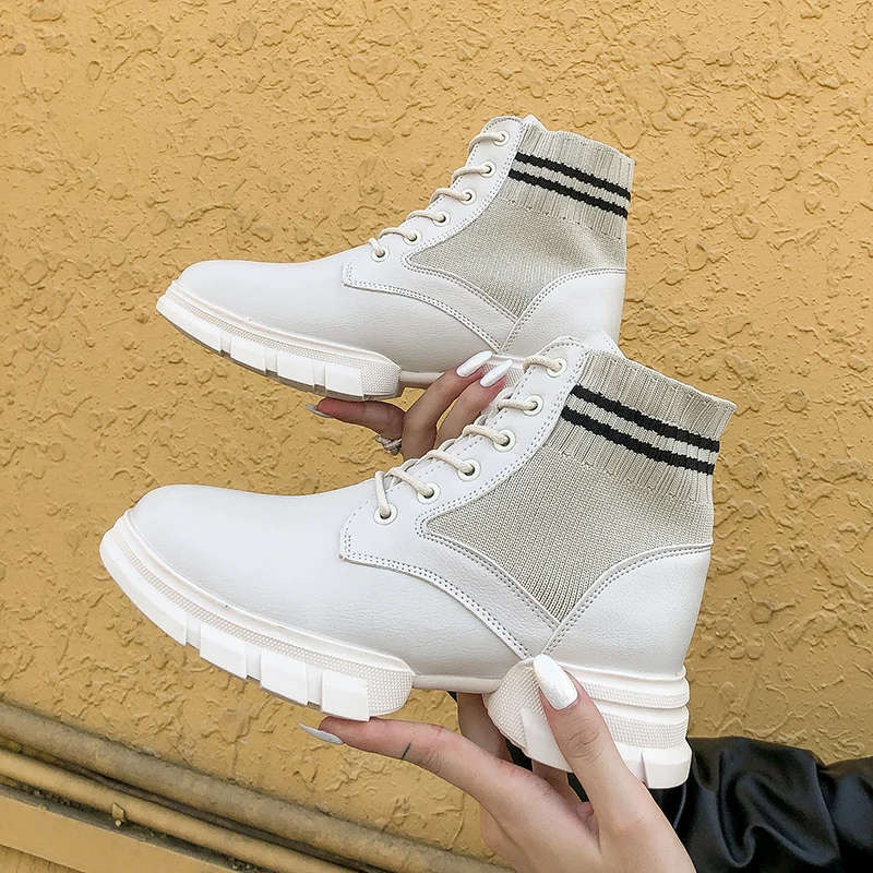 2019 new fashion casual female Martin boots knit comfortable breathable lace women's thick with tube shoes | Обувь