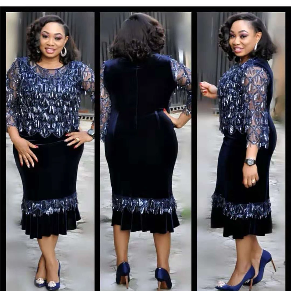 

Plus Size Women Bling Beading Dress Big Size Fashion Evening Party Gown Elegant Bodycon Vestidos 3/4 Sleeve O-neck Chic Clothing