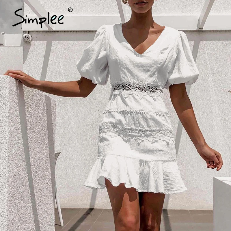 Simplee женское ажурное белое платье с пышными рукавами гофрированное v образным