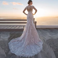 mermaid lace tulle wedding dresses for bridal sexy v neck long sleeve white ivory sweep train wedding gowns