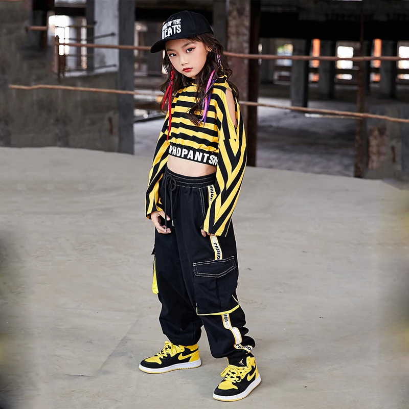 

Children Jazz Dance Costumes Yellow Stripe Shirt Pants Jazz Hip Hop Dance Clothing Girls Street Dancewear Stage Outfits 110-170